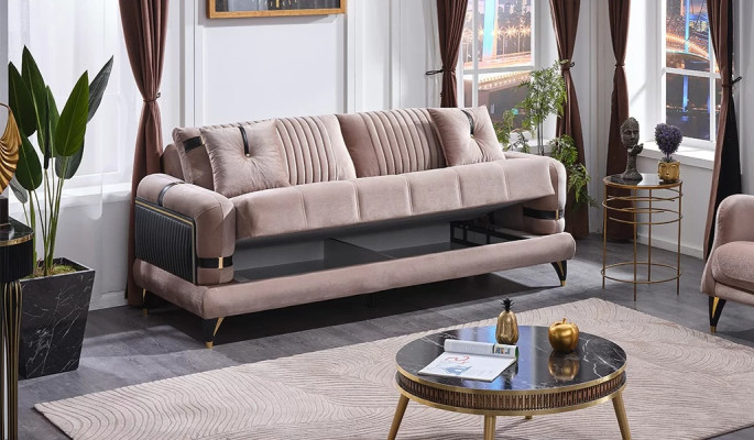 Modern 3-seater beige fabric sofa for luxury living room upholstered furniture