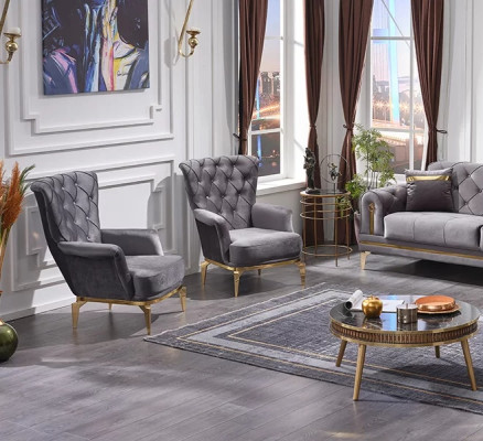 Chesterfield Armchair 2x Luxury Fabric Upholstered Furniture Armchair Living Room Seat
