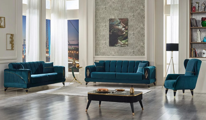 Complete green sofa set 3+3+1 in fabric