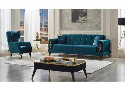 2-piece upholstered furniture set 3-seater sofa with green armchair