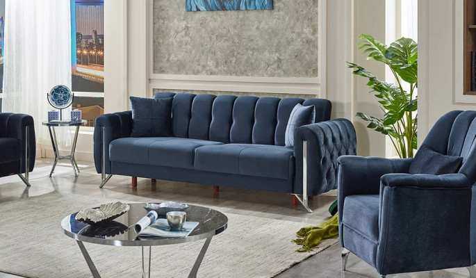 Modern design sofa for 3 people in blue fabric
