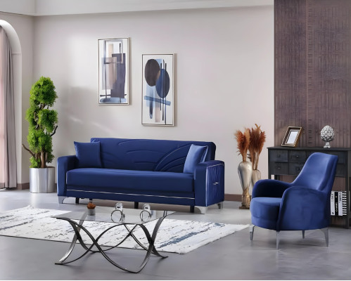 Complete blue sofa set design living room 3+1 seats upholstered furniture