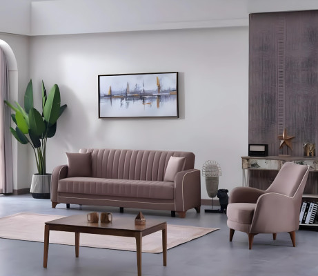 Complete gray 2-piece sofa set for living room with armchair and 3-seater sofa