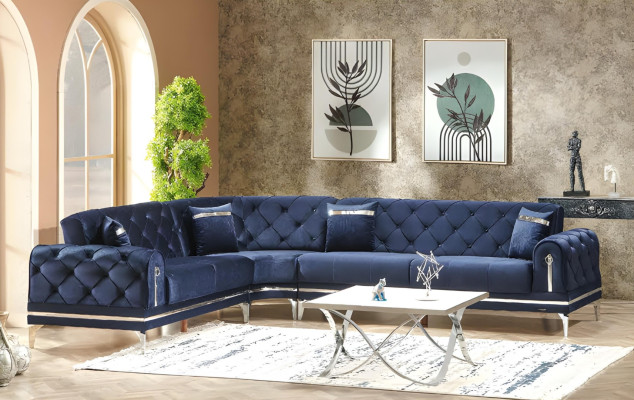 Luxury blue L-shaped sofa design upholstered furniture corner sofa