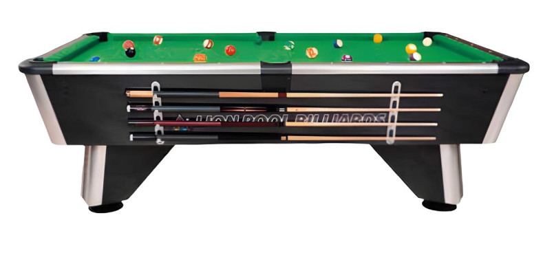 Black wooden billiard table with aluminum frame and LED lighting