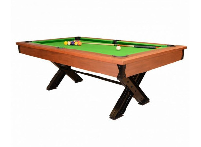 Brown wooden billiard table with metal frame and elegant design