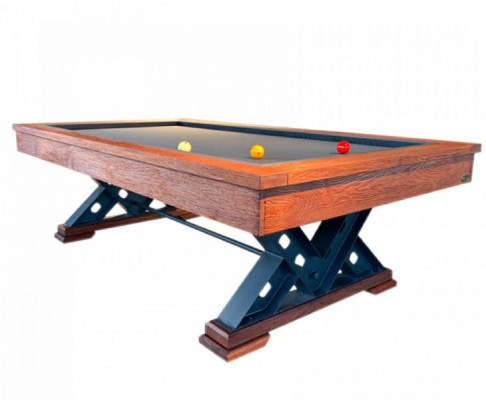 Brown solid wood table with steel legs and marble playing surface