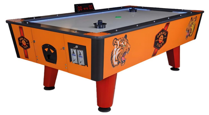 Modern orange plastic and metal air hockey table