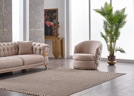 Beige Chesterfield design armchair for living room luxury upholstered furniture