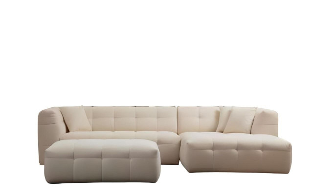 Elegant L-shaped corner sofa with modern 2-piece pouf set