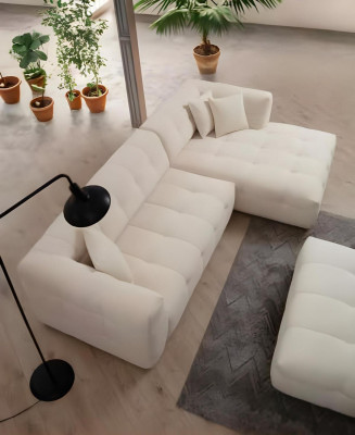 Elegant L-shaped corner sofa with modern 2-piece pouf set