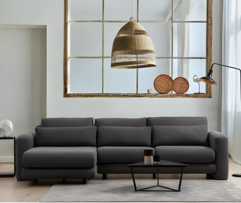 Modern L-shaped black sofa for living room