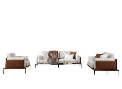 Elegant 3-seater sofa in white-brown fabric