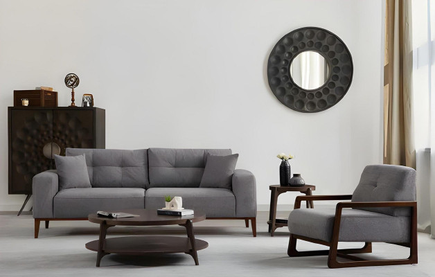 Gray-black design sofa for living room with fabric armchairs