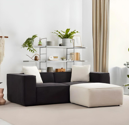 White and black fabric sofa set, luxurious 4-seater sofa with 2-piece ottoman