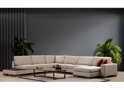 Beige fabric L-shaped design sofa for living room, elegant upholstered sofa
