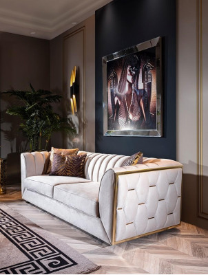 Elegant modern luxury 3-seater canapé, wooden furniture, new upholstered fabric