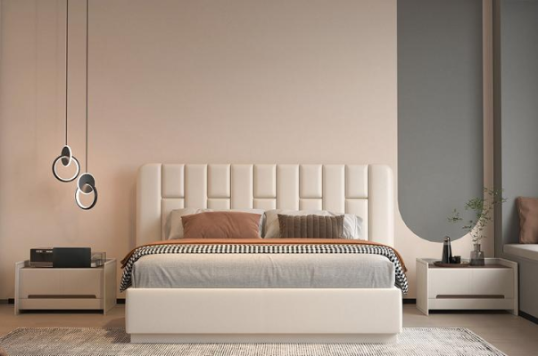 Beige luxury bed with modern upholstered headboard