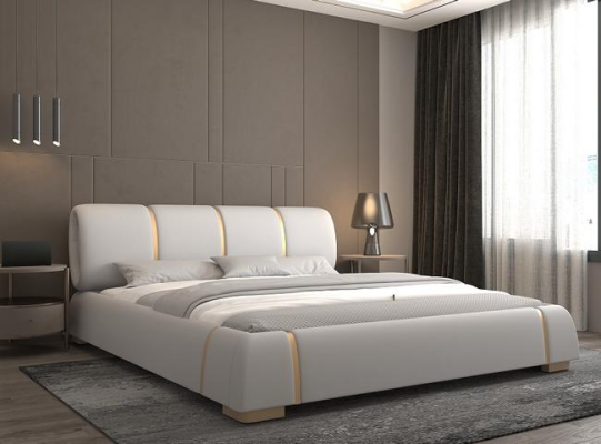 Luxury bed with gold details Modern design Fabric headboard
