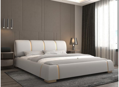 Luxury bed with gold details Modern design Fabric headboard