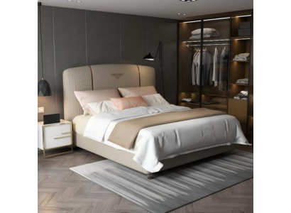 Beige luxury bed with modern upholstered headboard