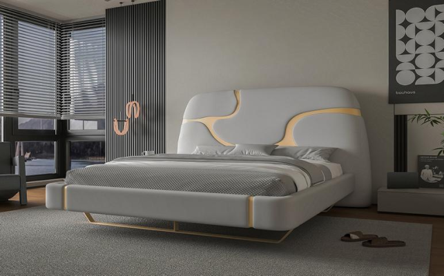 Luxury bed with gold details Modern design Headboard padded Bedroom