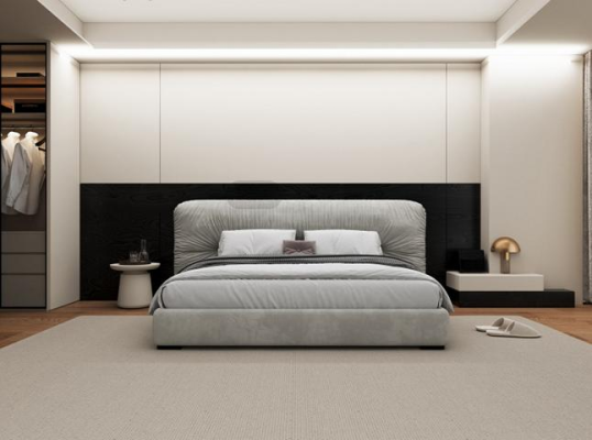 Luxury gray bed with modern upholstered headboard