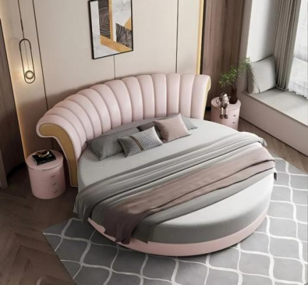 Beige round bed with modern design for the bedroom