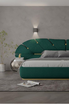 Luxury green bed with gold details for modern bedroom