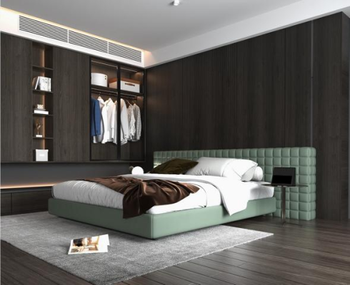 Modern bed with elegant upholstered headboard for the bedroom