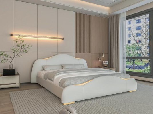 Modern gray bed with gold details and elegant headboard