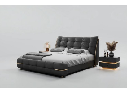 Modern black fabric-covered bed with elegant pattern