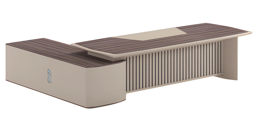 Modern beige desk with wood effect and extended surface