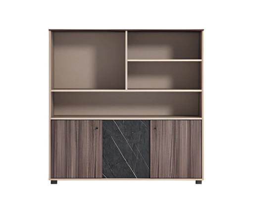 Modern brown-beige desk cabinet with wood and stone texture, open door