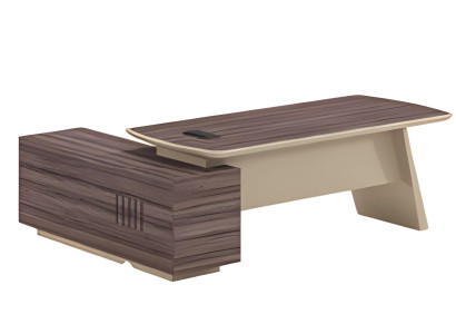 Modern desk with beige and brown wood effect, work surface, and one drawer