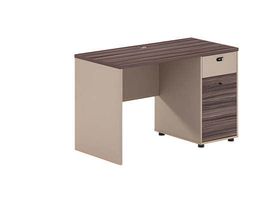 Solid brown-beige desk with wood effect, drawers, and lockable
