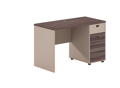 Solid brown-beige desk with wood effect, drawers, and lockable
