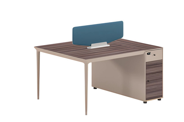 Desk with attractive partition panels in beige and brown, with drawers and blue lock