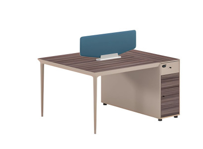 Desk with attractive partition panels in beige and brown, with drawers and blue lock