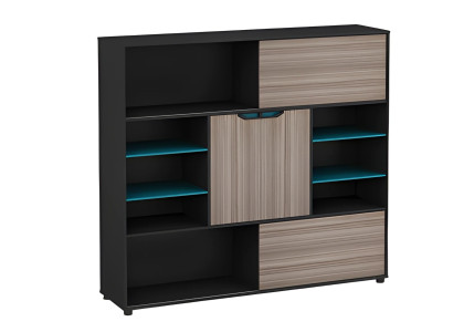 Modern chest of drawers, brown and black, with doors and shelves, blue, for office