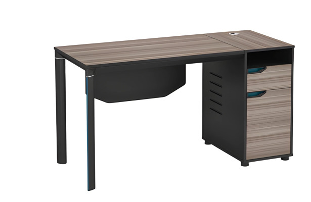 Modern black wooden desk with cable management openings and storage space