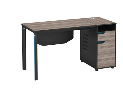 Modern black wooden desk with cable management openings and storage space