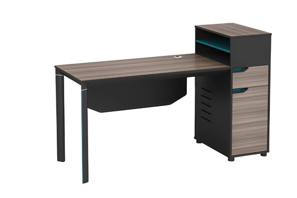 Desk with wood effect in brown, equipped with storage space and cable management