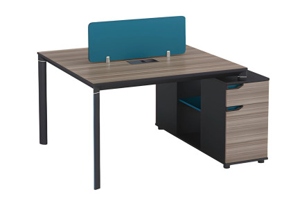 Modern desk with blue divider, storage space and design