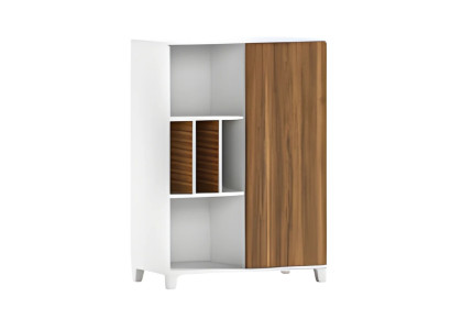 Modern white wooden cabinet with open shelves and elegant doors