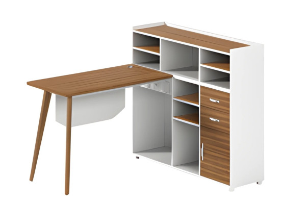 White wooden table with storage space, open compartments and elegant legs