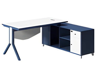 Elegant table with white surface and blue storage