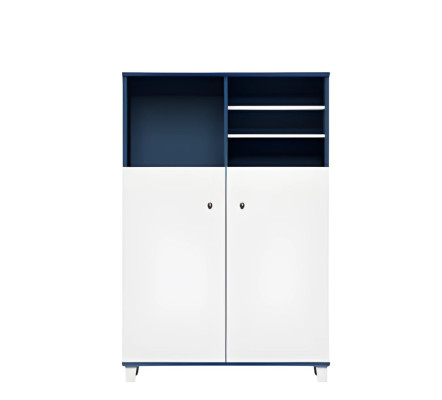 Modern blue and white desk cabinet with shelves and closed doors