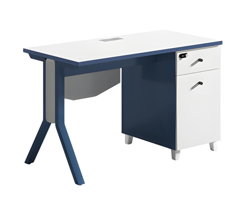 Modern blue and white desk with sleek surface and storage space