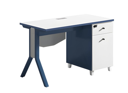 Modern blue and white desk with sleek surface and storage space
